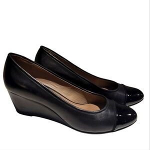 Geox Black Wedge Pumps Heels Patent Leather 8.5 Comfy Shoes Almond Toe
